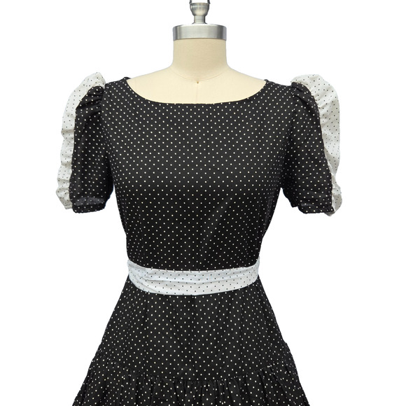 Vintage 70s Black and White Polka Dot Fit & Flare Midi Dress Size S Puff Sleeve - Picture 3 of 8